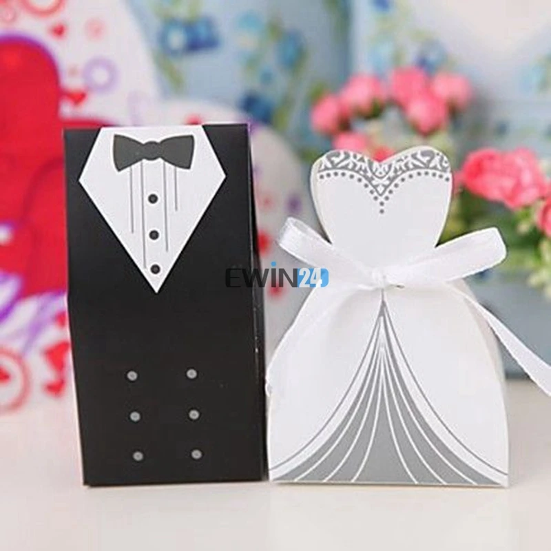 100/200Pcs Tuxedo Dress Groom Bridal Wedding Party Favor Gift Ribbon Candy Boxes 