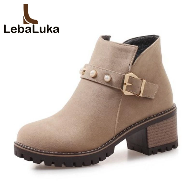 

Tuyoki Women High Heel Winter Boots Women Ankle Warm Fur Shoes Woman String Bead Buckle Short Boots Ladies Shoes Size 34-43