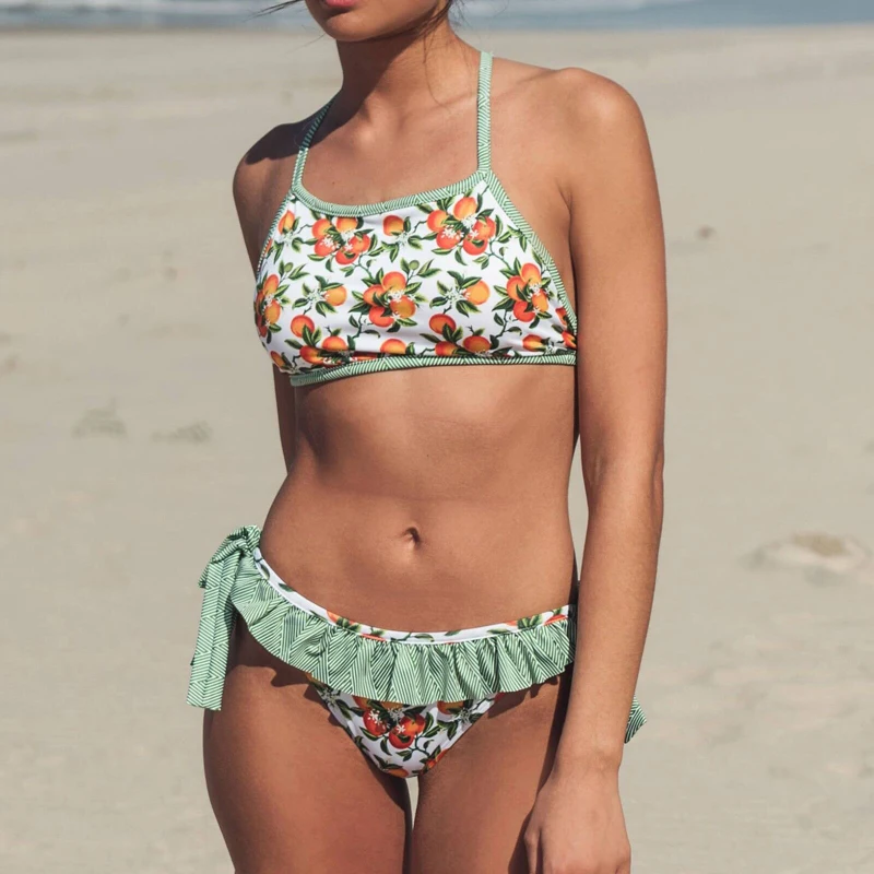 

2018 New Bikinis Women Halter Top Swimsuit Sexy Bandeau Swimwear Female Bikini Set Beach Floral Fruit Print Bathing Suit