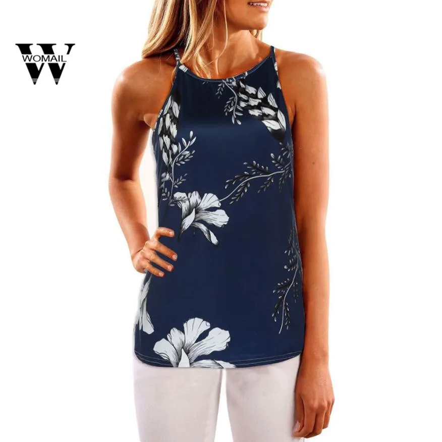 

2018 New Fashion drak blue Shirt Women Summer Print off Shoulder Vest Sleeveless Blouse Casual Tank Tops T-Shirt Mar 27