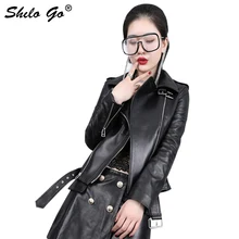 Кожаная куртка Женская Весенняя мода Овчина натуральная кожа пальто воротник с лацканами заклепки пояс локомотив повседневная черная