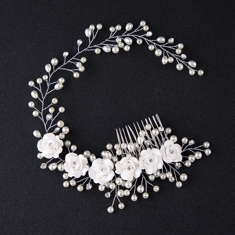 

Handmade Romantic White Flower Bridesmaid Crystal Headdress Long Pearl Wedding Bridal Hair Comb For Women Jewelry Accessories