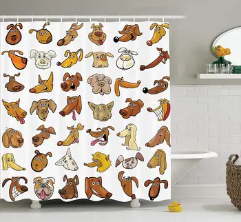 

Dog Shower Curtain Composition of Different Funny Dog Heads Puppy Canin Irish Humorous Cartoon Cloth Fabric Bathroom Decor Set