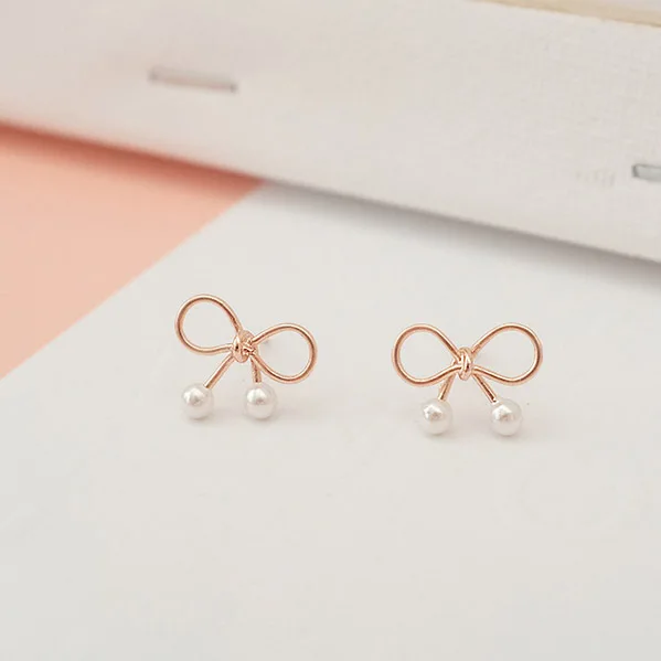 bow pearl rose golden earrings 100% 925 Sterling silver Jewelry fashion Hypoallergenic Stud earrings for women girl gift
