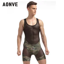 Aonve Для мужчин сексуальное боди Hombre камуфляж перспектива сетки Комбинезон тонкие бесшовные Shaperwear через плечо Эротическое белье M-2XL