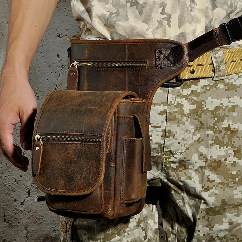 

High Quality Crazy Horse Cowhide Waist Bag Fanny Pack Cross Body Shoulder Bag Hip Bum Belt Genuine Leather Men Drop Leg Bags