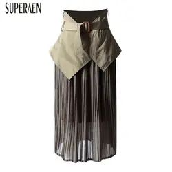 SuperAen модные матерчатые пояса шить Для женщин юбки хлопок дикий Повседневное складной плиссированная юбка весна новый 2019 юбки