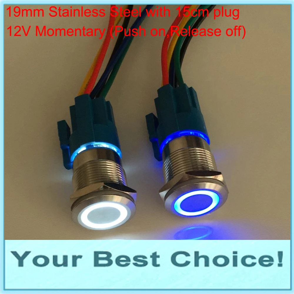 

19mm Stainless Steel IP67 Waterproof Momentary 12V Ring LED Illuminated Power Metal Push Button Switch with 15cm plug connector