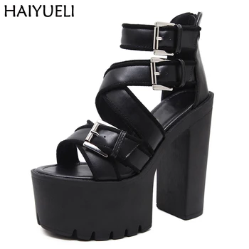 

Women Sandals 2018 Gladiator High Heels Sandals Platform Summer Shoes Fashion Buckle Black Heels Sandales Talon Femme