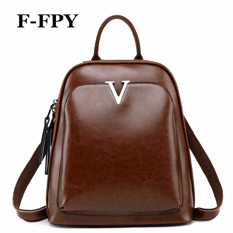 

F-FPY Brand Women Backpacks Vintage V Letter Rivets Female Travel Shoulder Bag Oil Wax Leather Teenager Girls School Bag Laptop