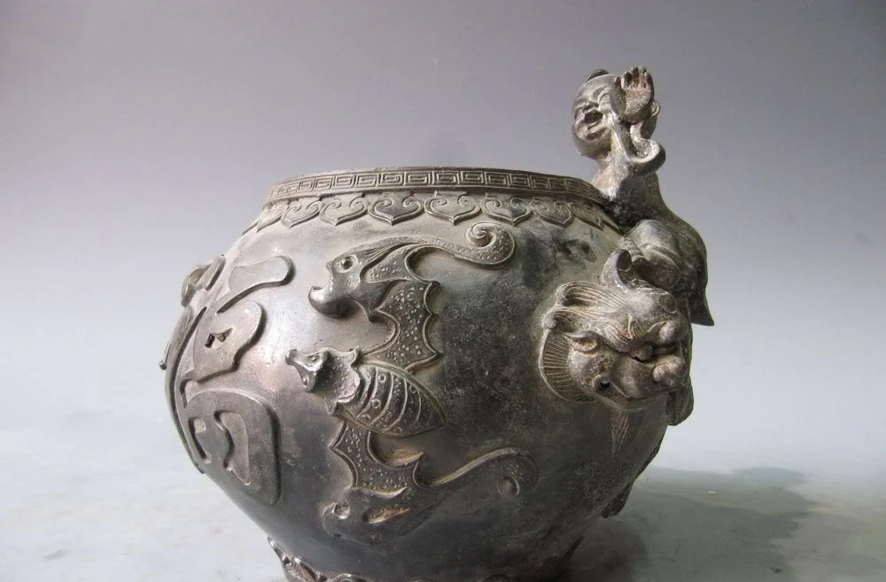 

Chinese Folk Pure Bronze Copper Carved Boy bat kettle Longevity Bottle jar Pot