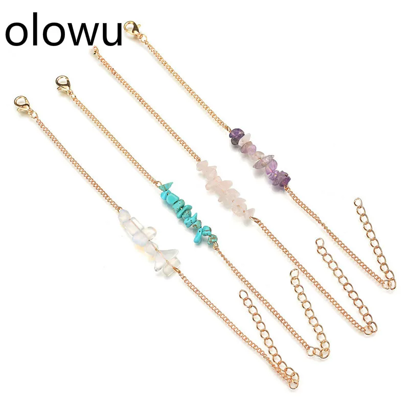 

olowu Fashion Women Bracelet Gold Color Small Natural Stone Bracelets Unique Bohemian Style Jewelry Trendy Blue Purple Pink