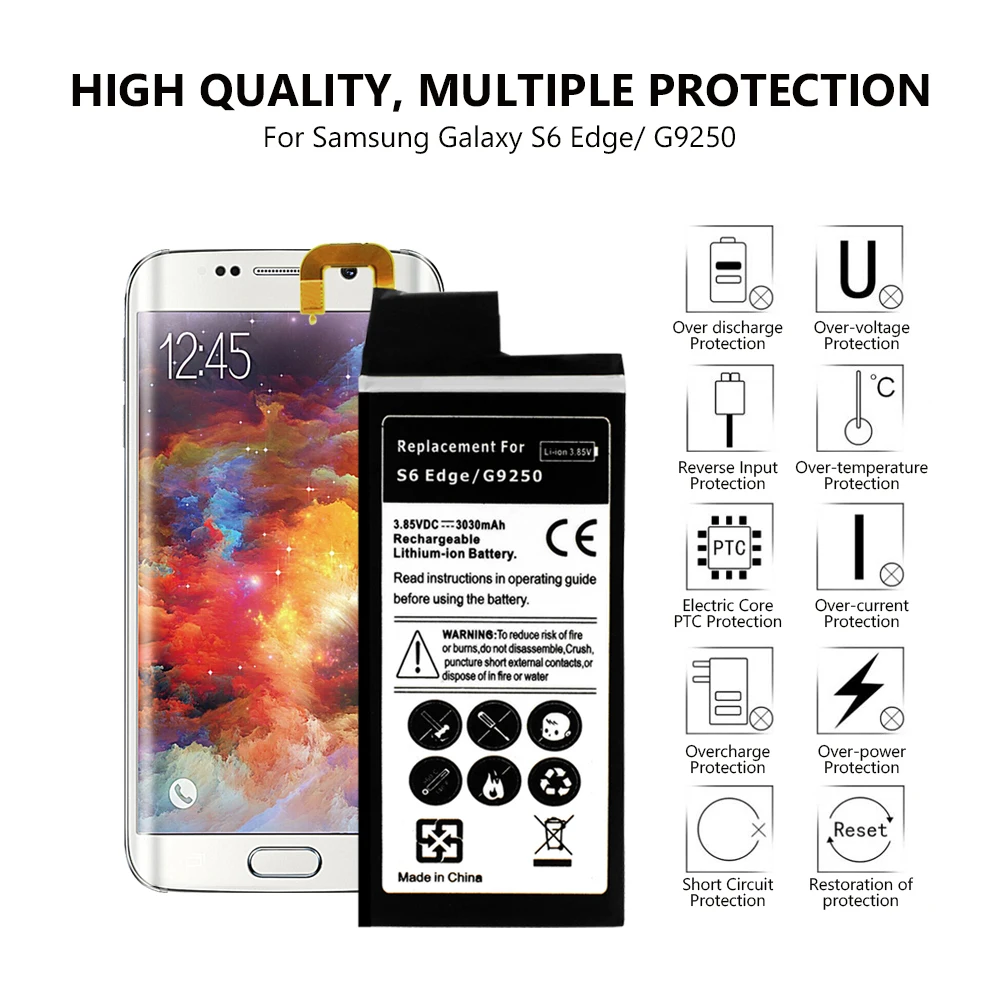 Безопасная зарядная батарея для мобильного телефона samsung Galaxy S6 Edge G9250 G925F G925FQ G925L 3,85 V Вольт 3030mAh литий-ионная батарея