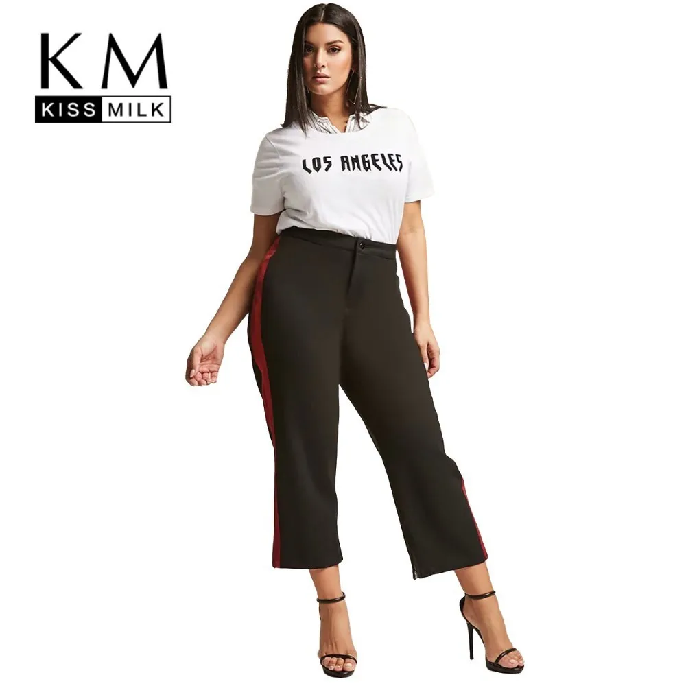 

Kissmilk Plus Size Women Pants Simple Commute Side Contrast Color Strip Decoration Loose High Waist Straight Cropped Trousers
