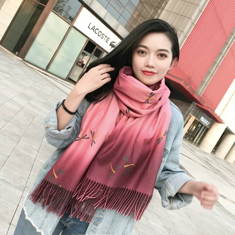 200*70 см зимний шарф с градиентным принтом, шарф "Стрекозы" для женщин, корейский кашемировый палантин, теплая шаль, Женский хиджаб, шарф из пашмины