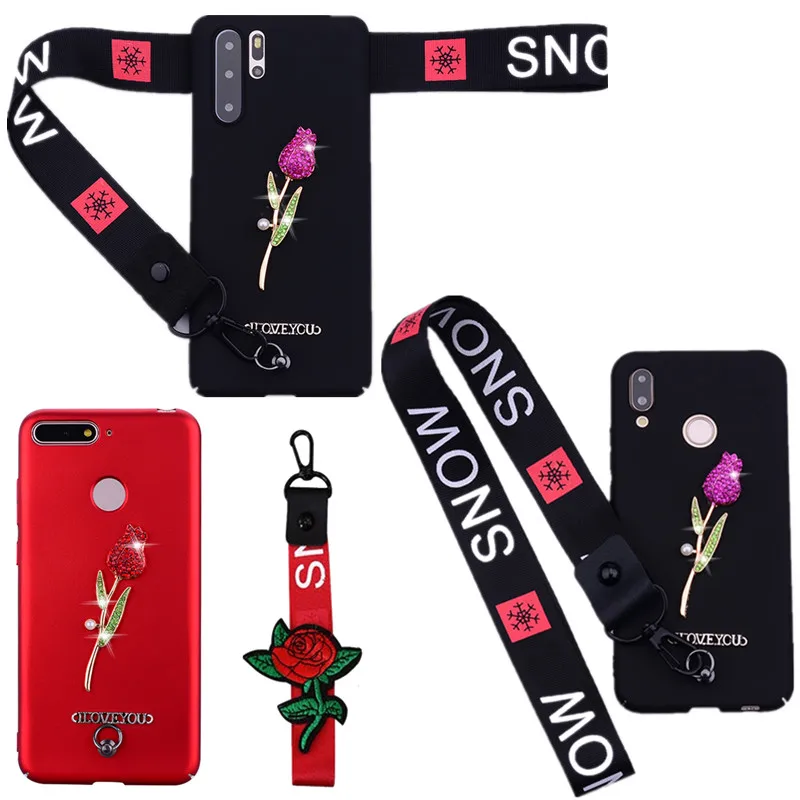 

For Huawei P30 pro Armor Hard PC Rose Wrist strap Cover For Mate 20 pro P20 P Smart 2019 Honor 9 10 Lite 6X 8X 8A 8C Play Case