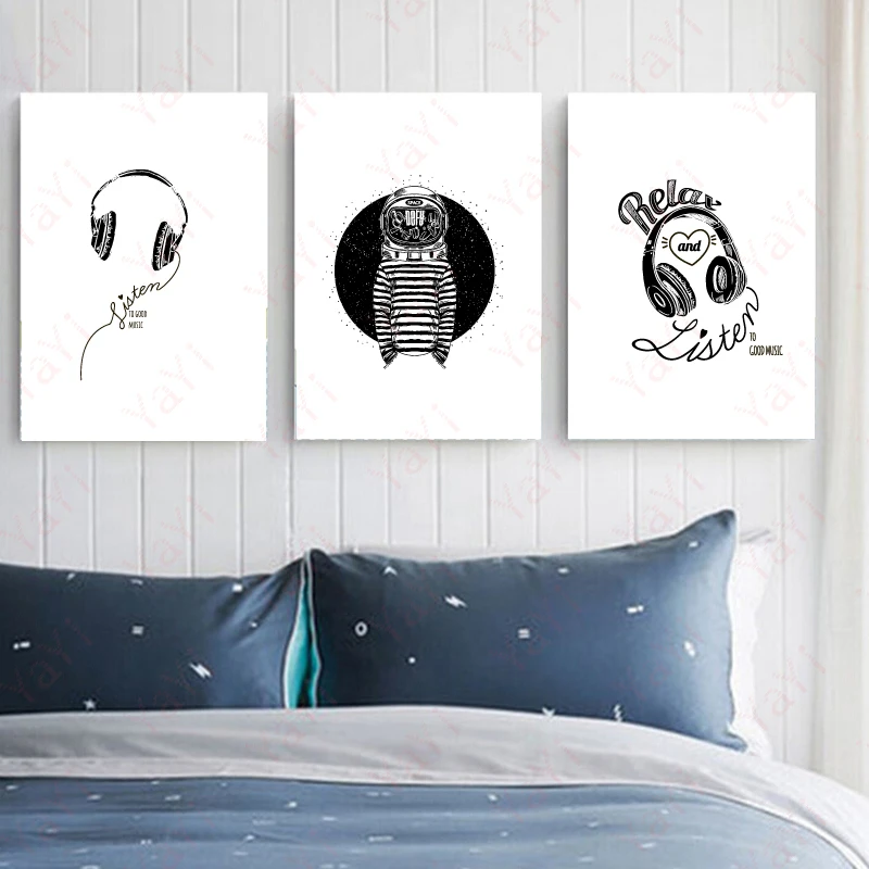Black And White Headset Canvas Painting Music Art Decor For Bedroom Wall Mural Home Decor Contemporary Wall Art posters