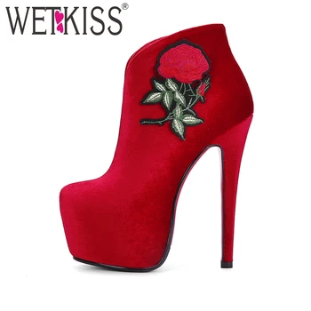 

Retro Charming Embroider Ankle Boots Super High Thin Heel Spring Boots 2018 Platform Women Shoes Female Footwear Zipper Shoes