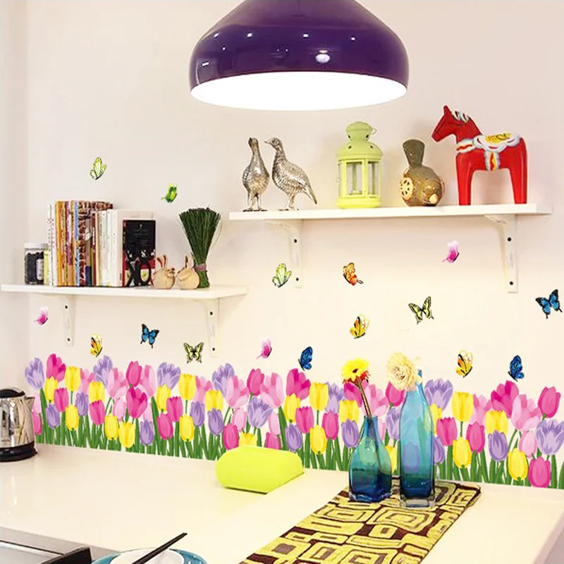 Very nice butterfly tulip Skirting wall decoration stickers for Living room kitchen Glass window Baseboard wall stickers