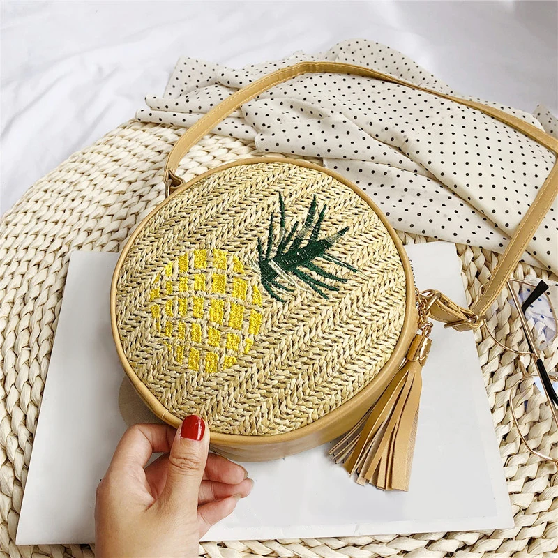 EaseHut круглвя плетеная вышитая сумка в виде ананаса соломенная маленькая сумка через плечо ручной работы пляжная женская летняя сумка через