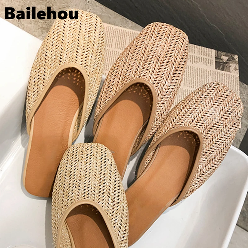 

Bailehou 2019 Women Slippers Fashion Round Toe Weave Mules Shoes Flat Heel Slides Summer Beach Flip Flop Outside Slip On Shoes