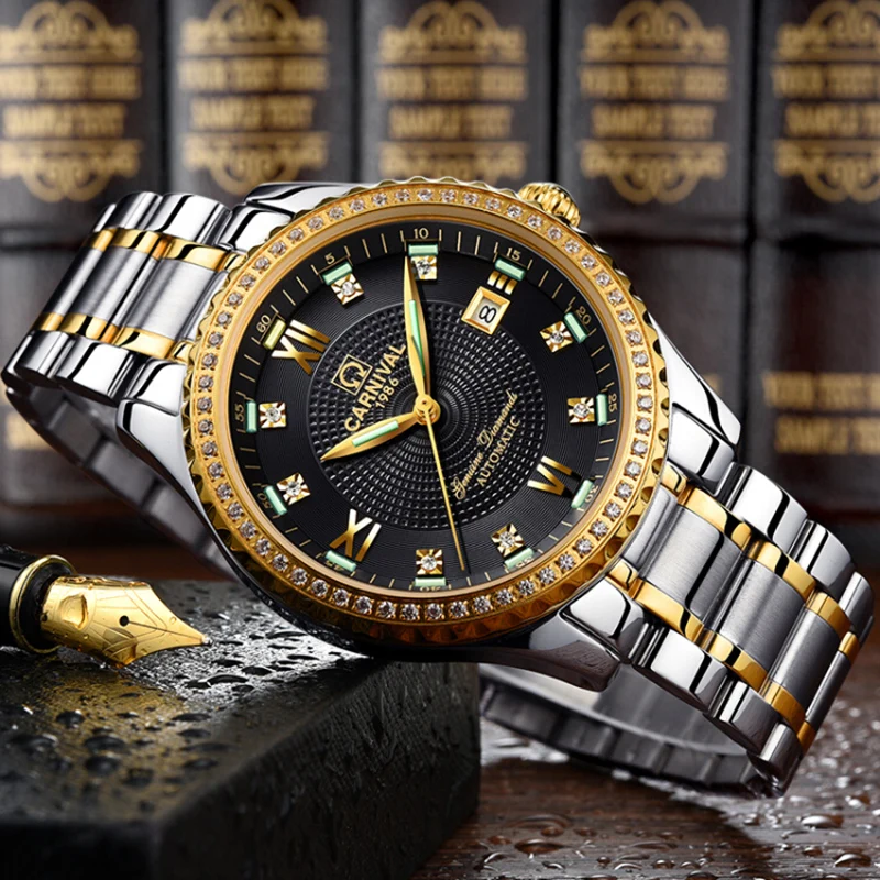

Luxury Carnival Tritium Luminescence Golden Mechanical Watch Men Diamond Sapphire Japan Miyota 25 Jewels Clock Stainless Steel