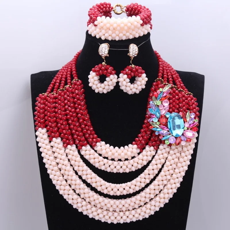 Wholesale Jewelry Women African Beads Wine &amp Beige Nigerian Wedding Necklace Set Free Shipping 4Pics Layers 100% Crystal | Украшения и