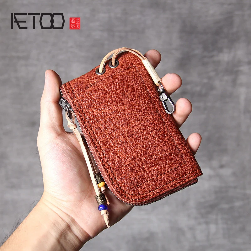 

BJYL Head cowhide Card Bag Small wallet female handmade vintage leather driver's license key pack