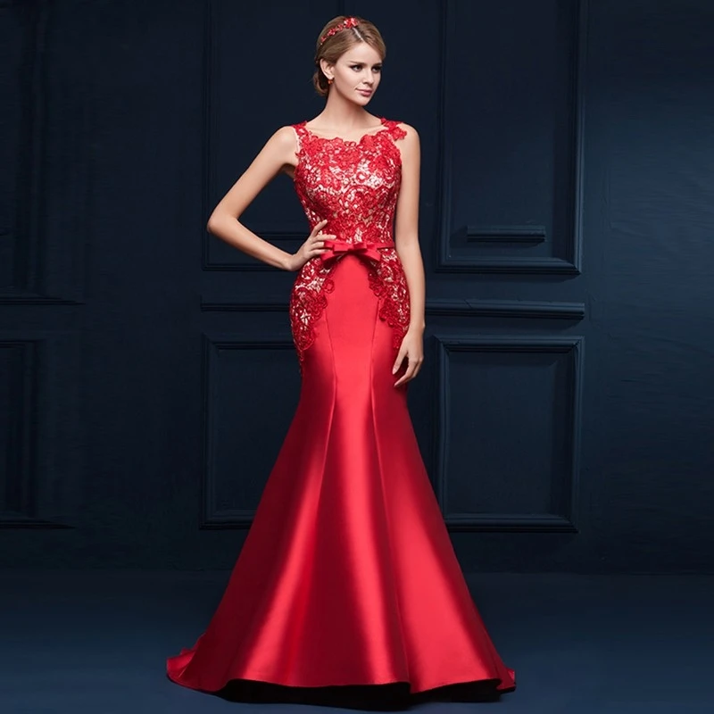 Evening Dress Dressv Scoop Шеи Аппликации Бантом Русалка Длинное Вечернее Красный Рукавов