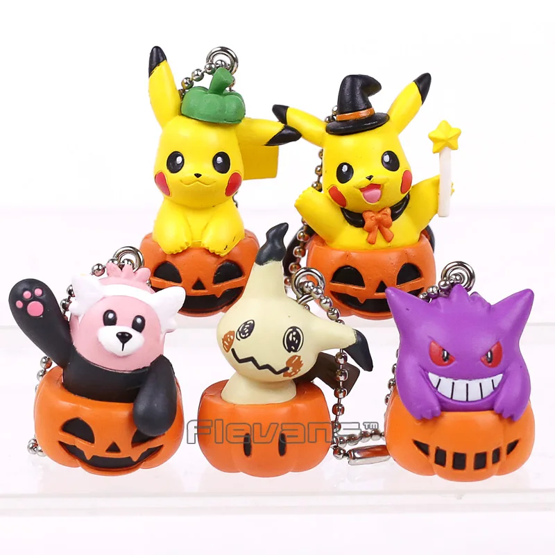 

Cartoon Cute Pikachu Gengar Mimikyu Halloween Pumpkin Mini PVC Figures Toys with Keychains 5pcs/set 4cm