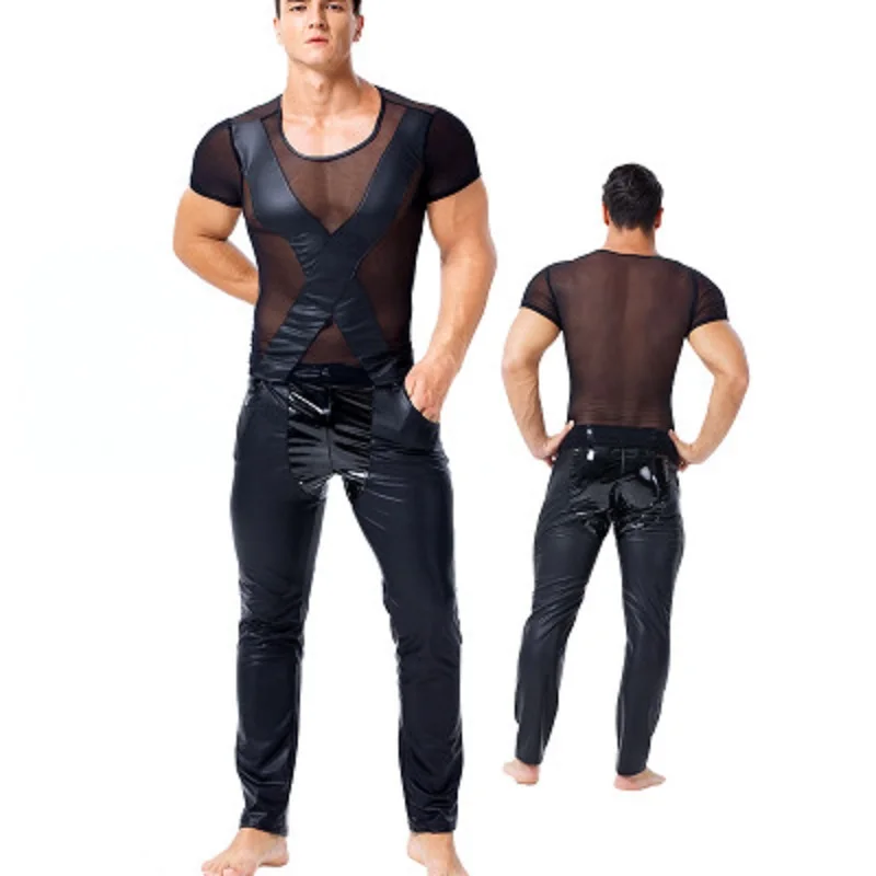 

Sexy Tee Shirt Mens Mesh Yarn Transparency Patent Leather Patchwork Tshirt Men Stage Dance Short Sleeve Tees See-Through Blouses