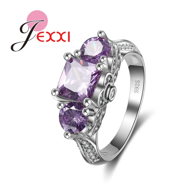 

JEXXI 925 Sterling Silver Vintage Female Ring Clear Shinning Purple & White CZ Crystal Anniversary Engagement Accessories Anillo