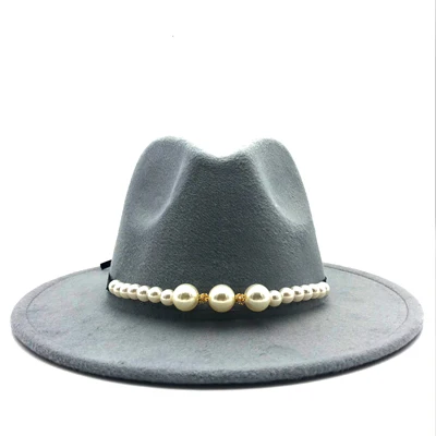 Новая фетровая шляпа женские фетровые шляпы с жемчугом пояса винтажные шляпы Трилби шерсть фетровая шляпа теплая джазовая шляпа женская шляпа - Цвет: gray2