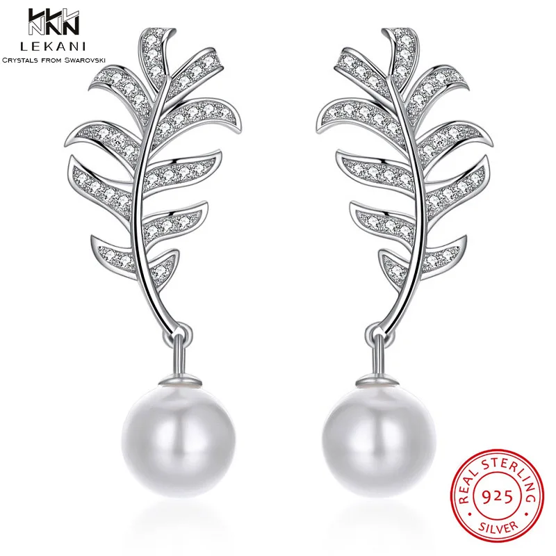 

LEKANI Crystals From Swarovski Stud Earrings 925 Sterling Silve Rtree Leaf Pearl Personality Earrings Women's Boutique Jewelr