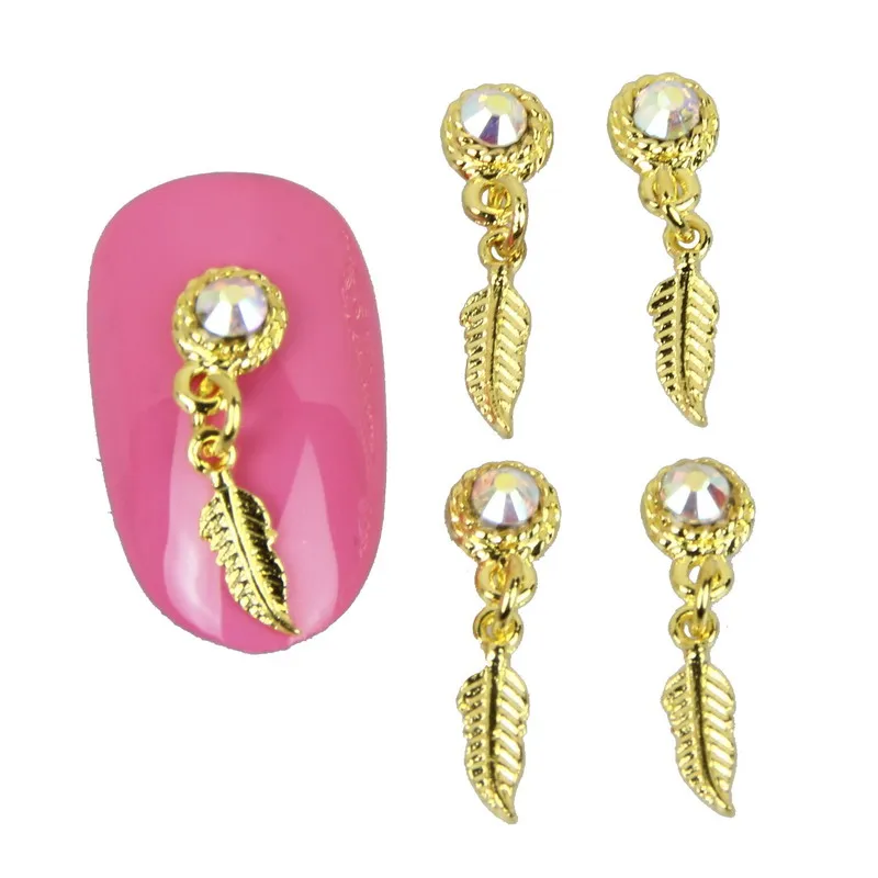 10Pcs/Lot 3D Feather Pendant Dangles Nail Art Decorations Gold Metal