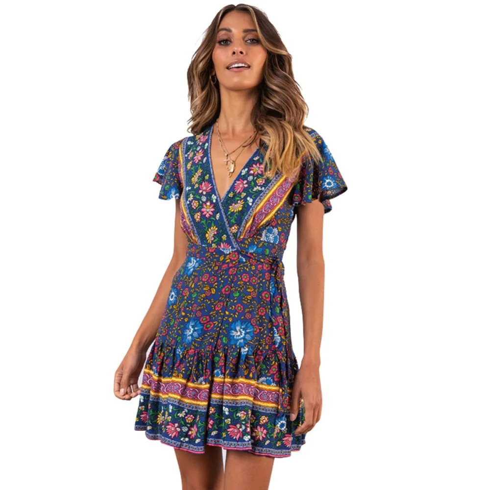 

3XL Plus Size Women Dress 2019 Summer Beach Dresses Sexy V-Neck Sashes Mini Short Dress Casual Print Female A-Line Dress Vestido