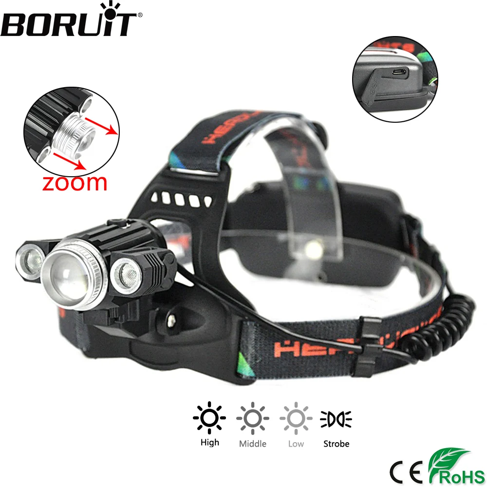 

BORUiT XML-T6 XPE LED Headlight 4-Mode Zoomable Headlamp USB Charger Head Torch Hunting Camoing Lantern by 18650 Battery