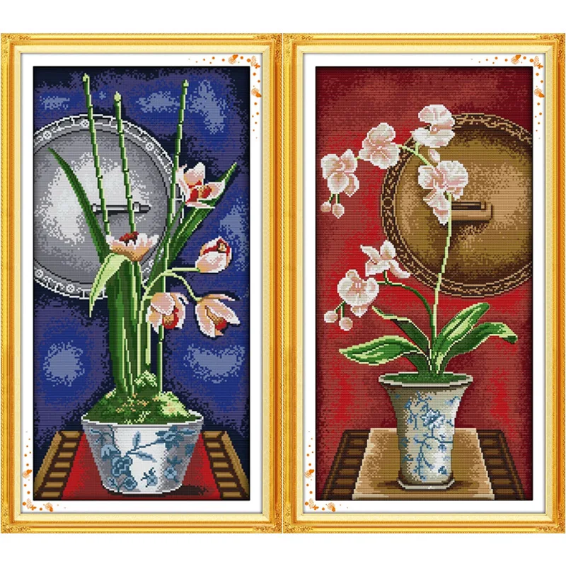 Elegant Orchid Printed Canvas DMC Counted Cross Stitch Kits printed