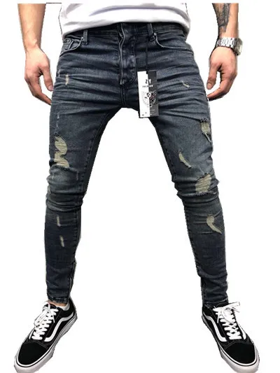 Мужские новые эластичные рваные обтягивающие джинсы, разрушенная деним, байкерские брюки, мужские повседневные узкие брюки с эластичной резинкой на талии, большие размеры