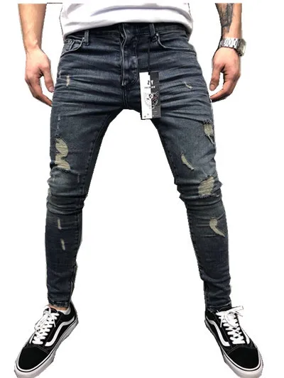 

2019 Men's New Stretchy Ripped Skinny Jeans Destroyed Denim Biker Pants Mens Casual Elastic Waist Pencil Pants Plus Size