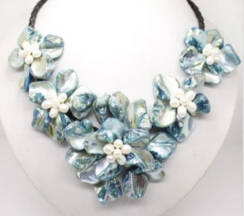 

free shipping 001072 Wonderful Lady's Blue Shell mother of pearl 5 flowers pendant necklace 18"
