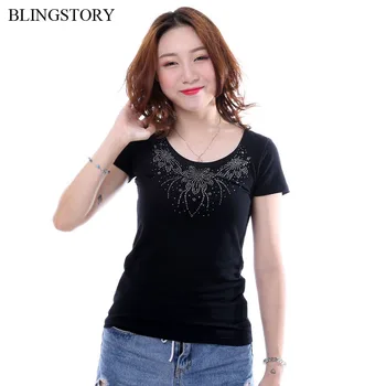 

BLINGSTORY High Quality Diamond Print O-neck Women Top Tees Summer Plus Size Ladies Tshirt