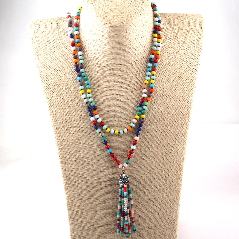 Модное богемное ювелирное изделие 6 мм многоцветное длинное Узловое многокристальное ожерелье с кисточкой для женщин этническое ожерелье