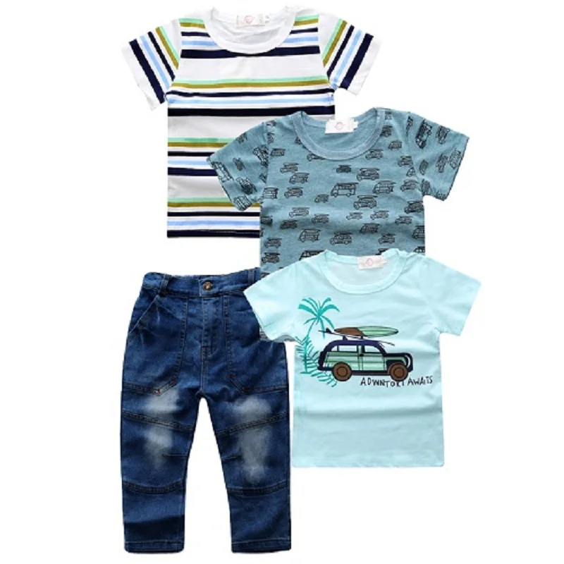 4pcs set Jeans Sets For Kids Boys Baby clothes chlildren boy clothing set Summer Stripe Car truck 3piece shirt + Trousers Jeans