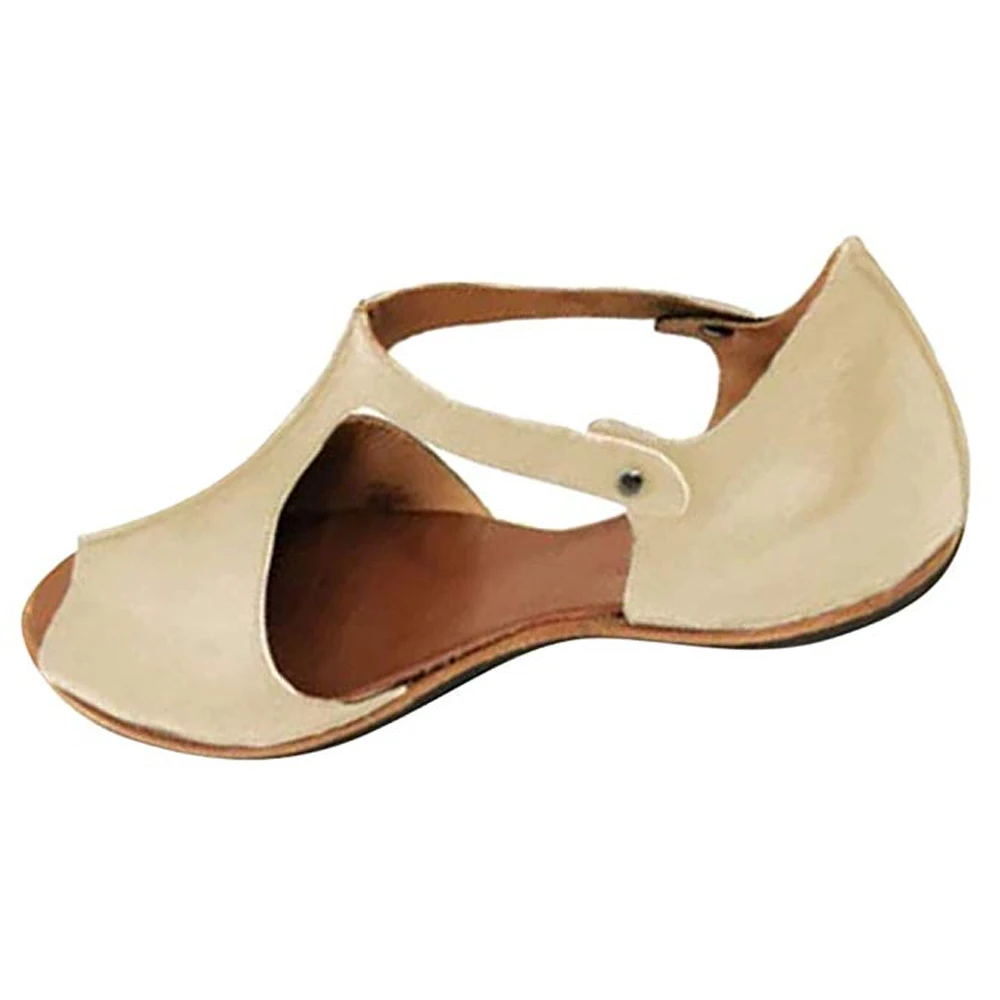 Женские босоножки размера плюс, летняя модная пляжная обувь на плоской подошве с открытым носком в стиле ретро, римские сандалии с открытым носком - Цвет: Beige