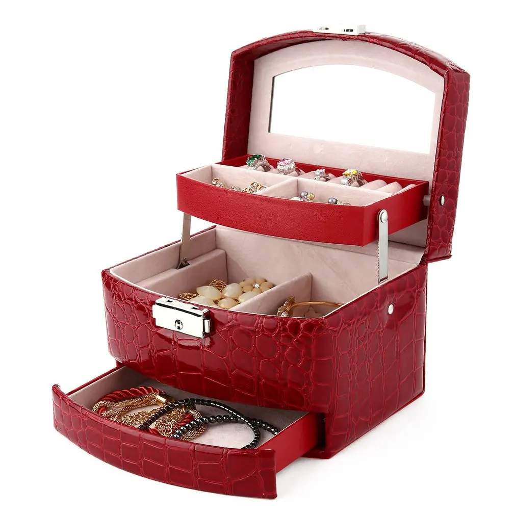 

2018 HOT Crocodile Grain Leather Automatic 3 Layers Jewelry Display Box Ring Necklace Bracelet Storage Carrying Case Organizer