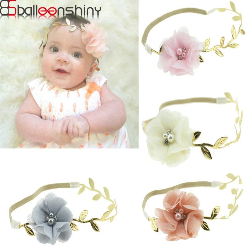 BalleenShiny для новорожденных шифон резинка для волос с цветами Детские золотые листья повязка на голову головной убор на день рождения