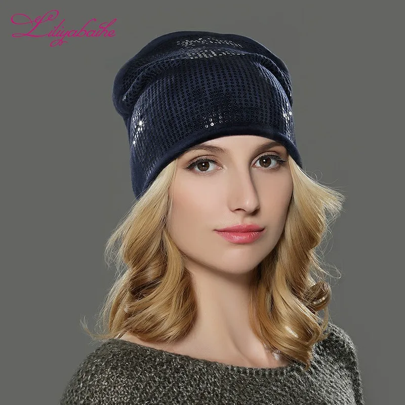 Liliyabaihe новая шапка женская Осень зима девушки шапочки для женщин самый красивый шапка С пайетками украшения - Цвет: C06