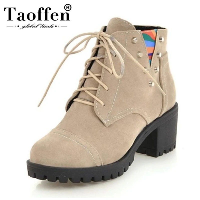 

TAOFFEN 5 Colors Size 34-44 Women High Heels Boots Rivets Mixed Color Ankle Boots Lace Up Shoes Woman Fashion Winter Short Boots