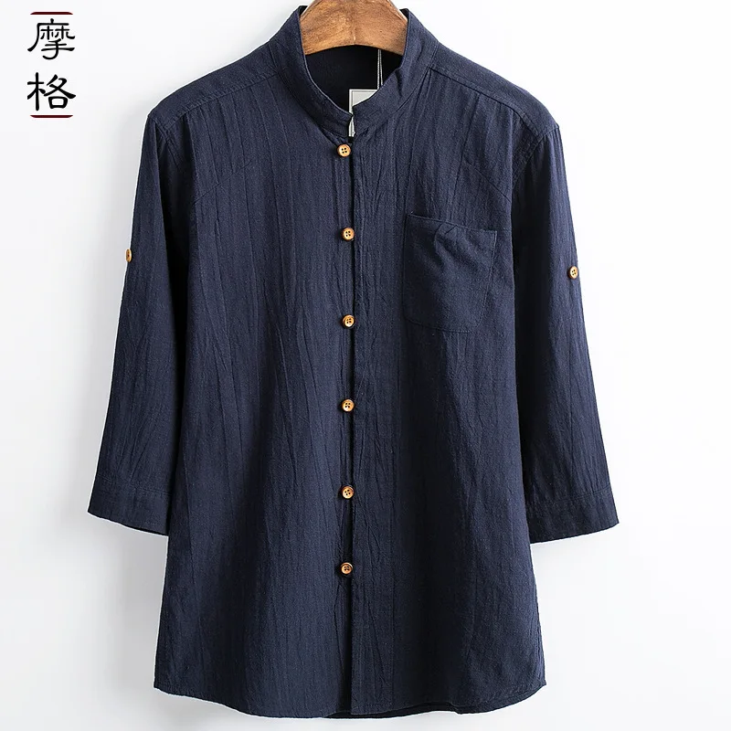 Мужские летние китайский стиль рубашки льняные рукавом Досуг сплошной цвет